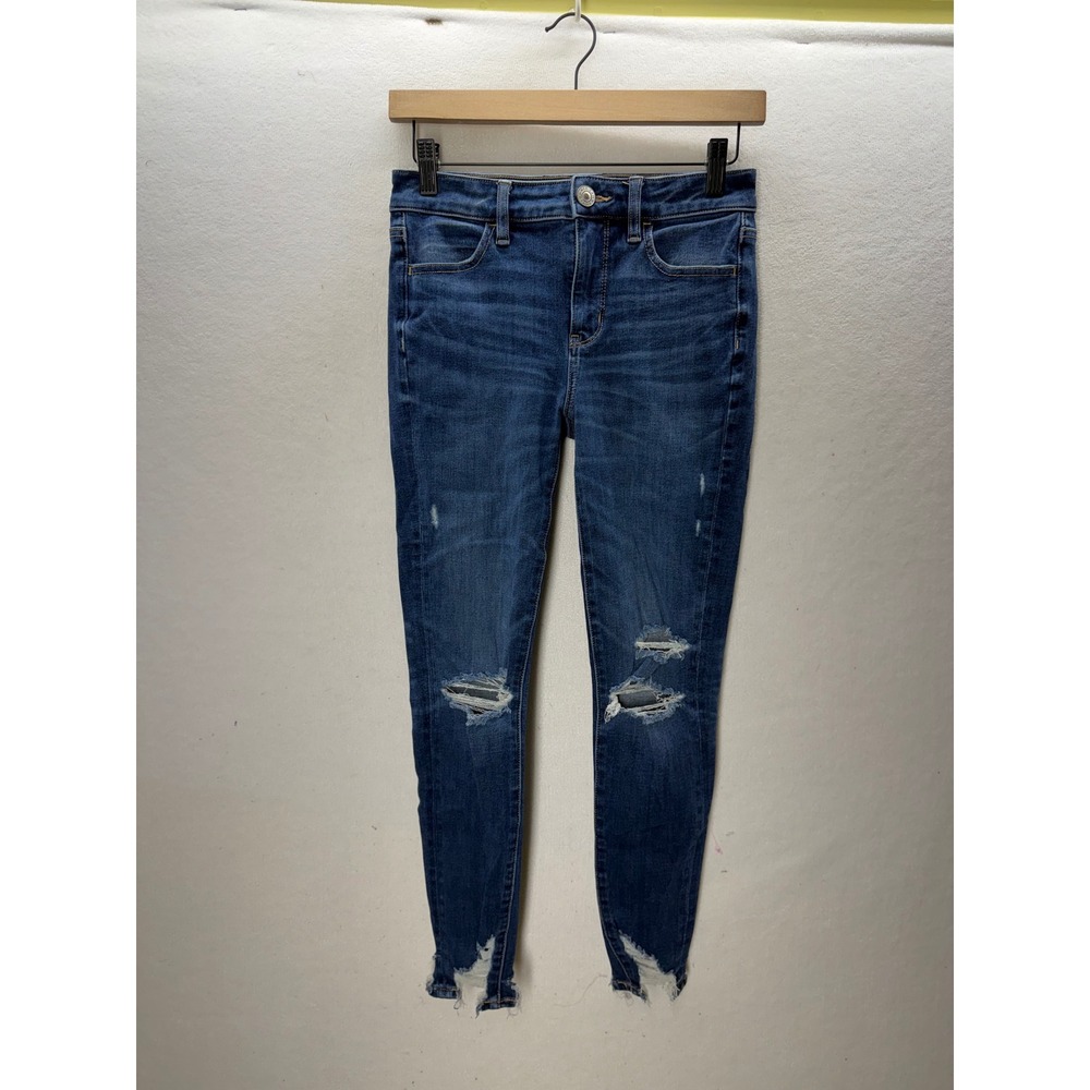 American Eagle Hi-Rise Jegging Womens 2 Short Blue Distressed Hem 3540